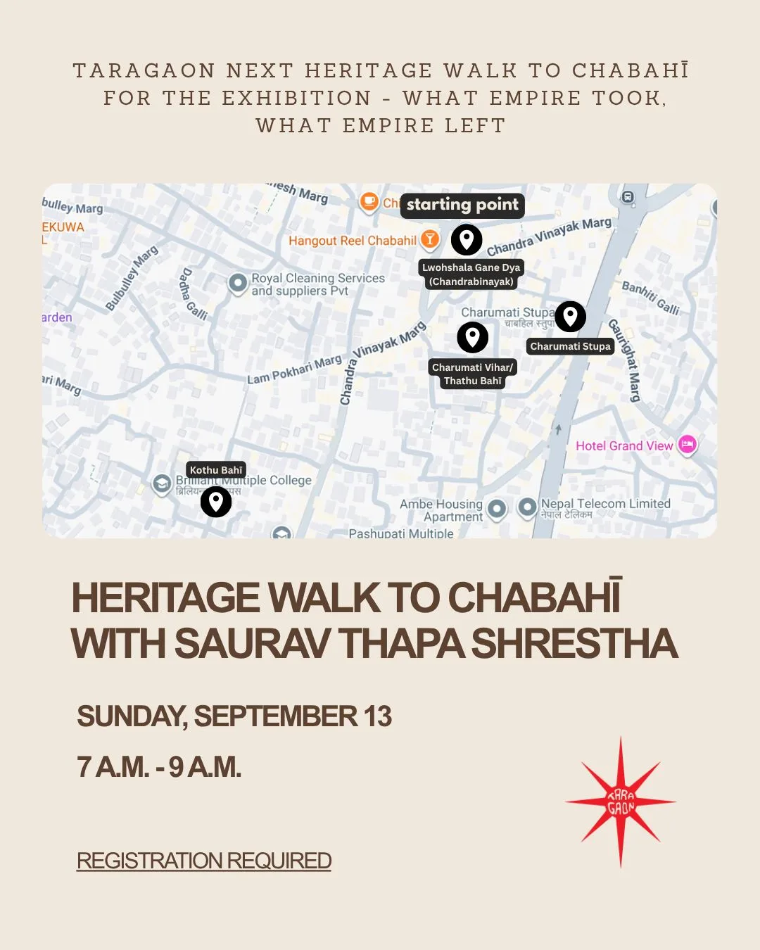 Taragaon Next Heritage Walk to Chabahī for the exhibition - What Empire Took, What Empire Left with Saurav Thapa Shrestha poster