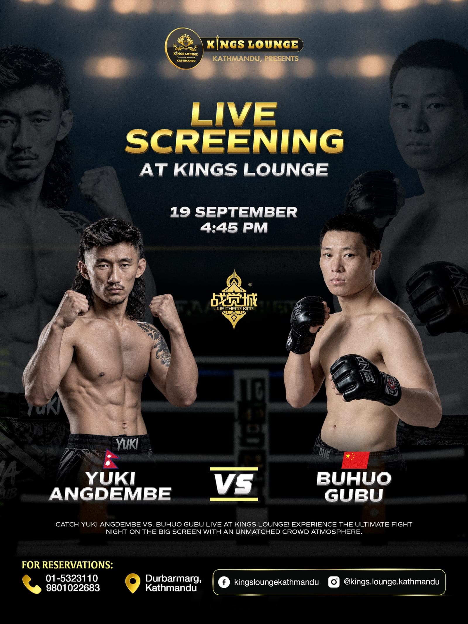 Yuki Angdembe vs Buhuogubu – JCK Fight Night 123 Live Screening at Kings Lounge poster