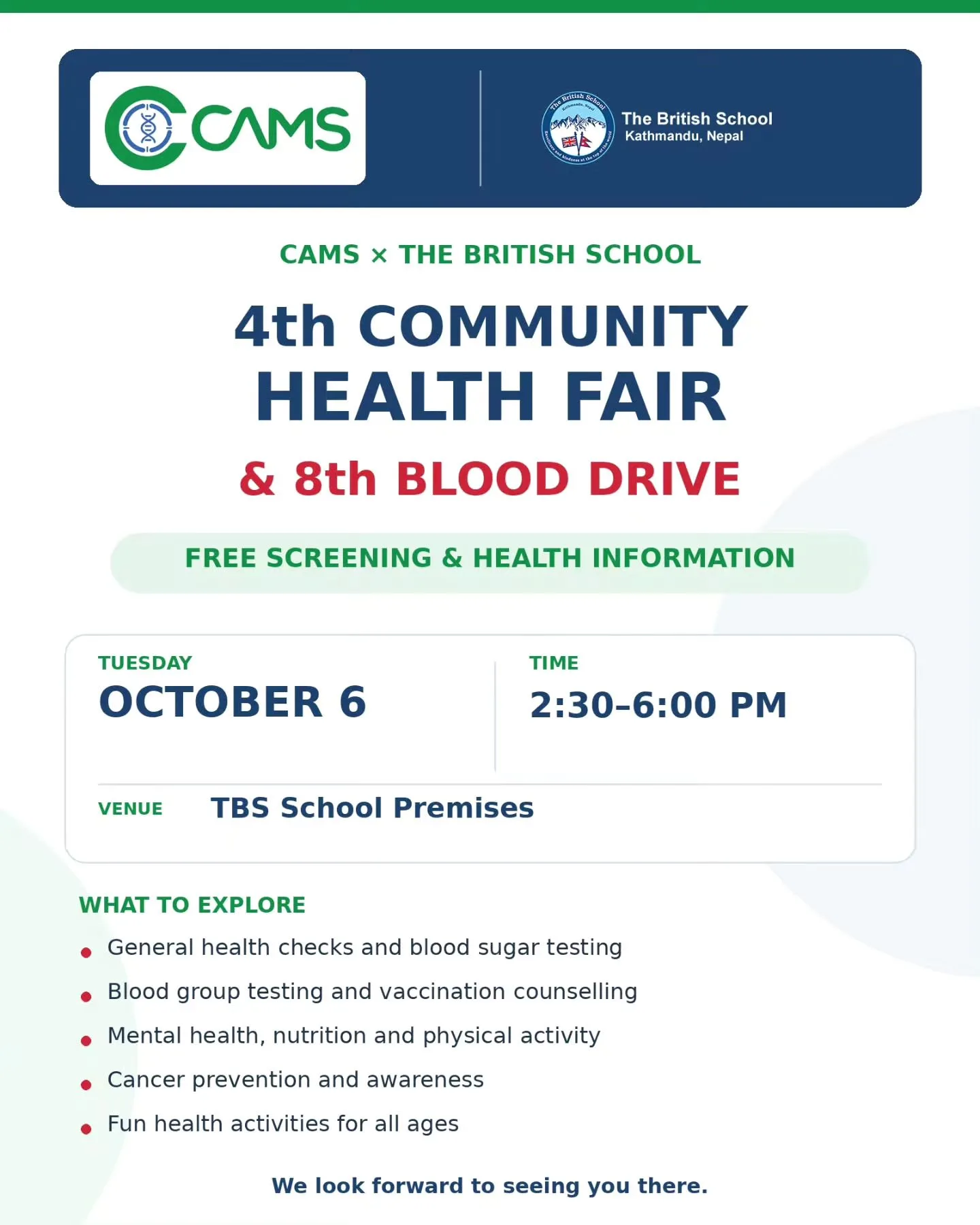4th Community Health Fair & 8th Blood Drive at The British School poster
