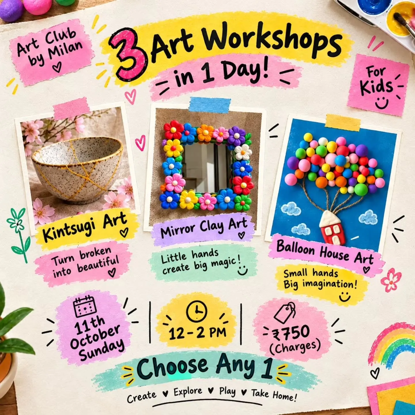 3 Art Workshops in 1 Day for Kids by Art Club by Milan (11 Oct) poster
