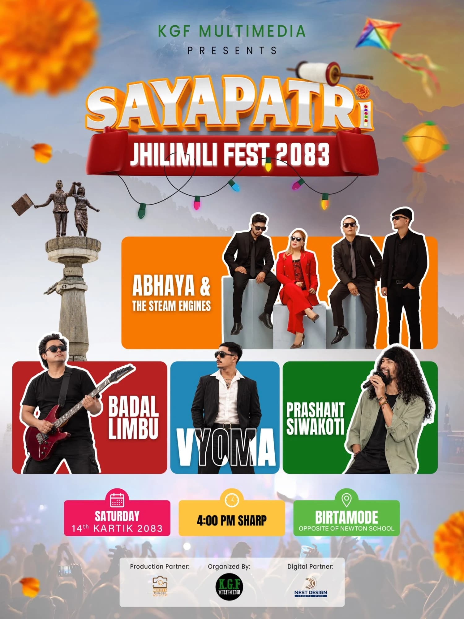 Sayapatri Jhilimili Fest 2083: Abhaya & The Steam Engines, Vyoma, Prashant Siwakoti, Badal Limbu poster