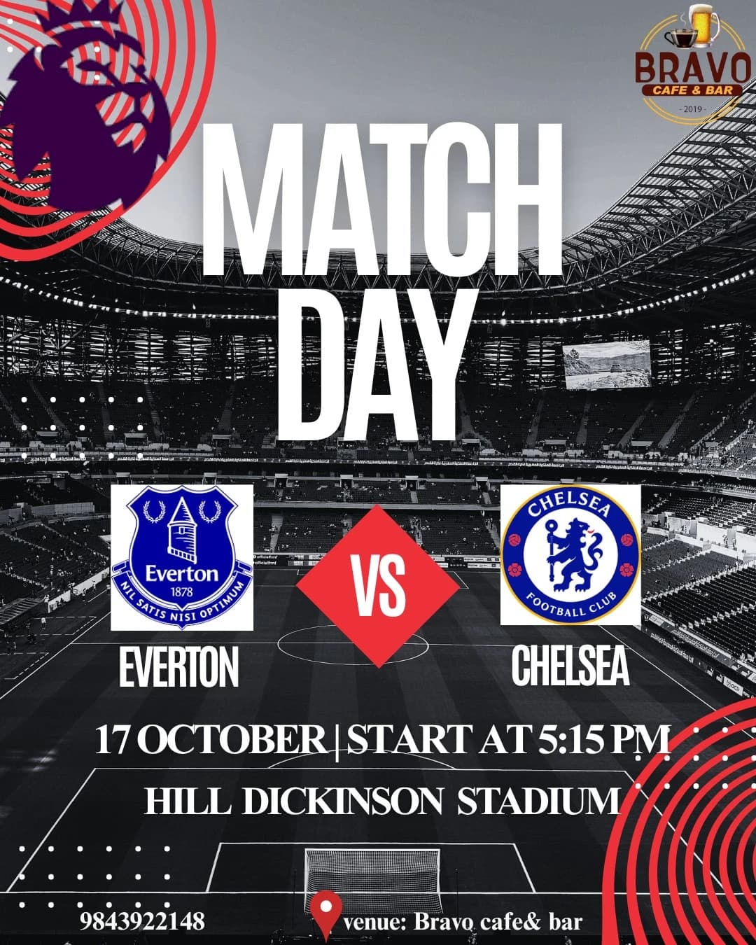 Everton vs Chelsea Live Screening at Bravo Cafe & Bar poster