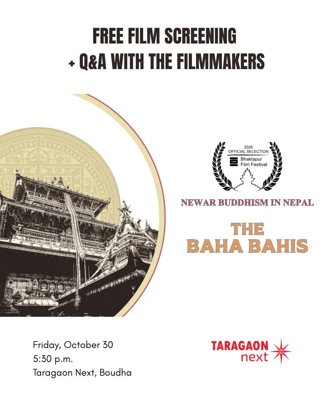 Film Screening + Q&A at Taragaon Next: Newar Buddhism in Nepal — The Baha Bahis poster