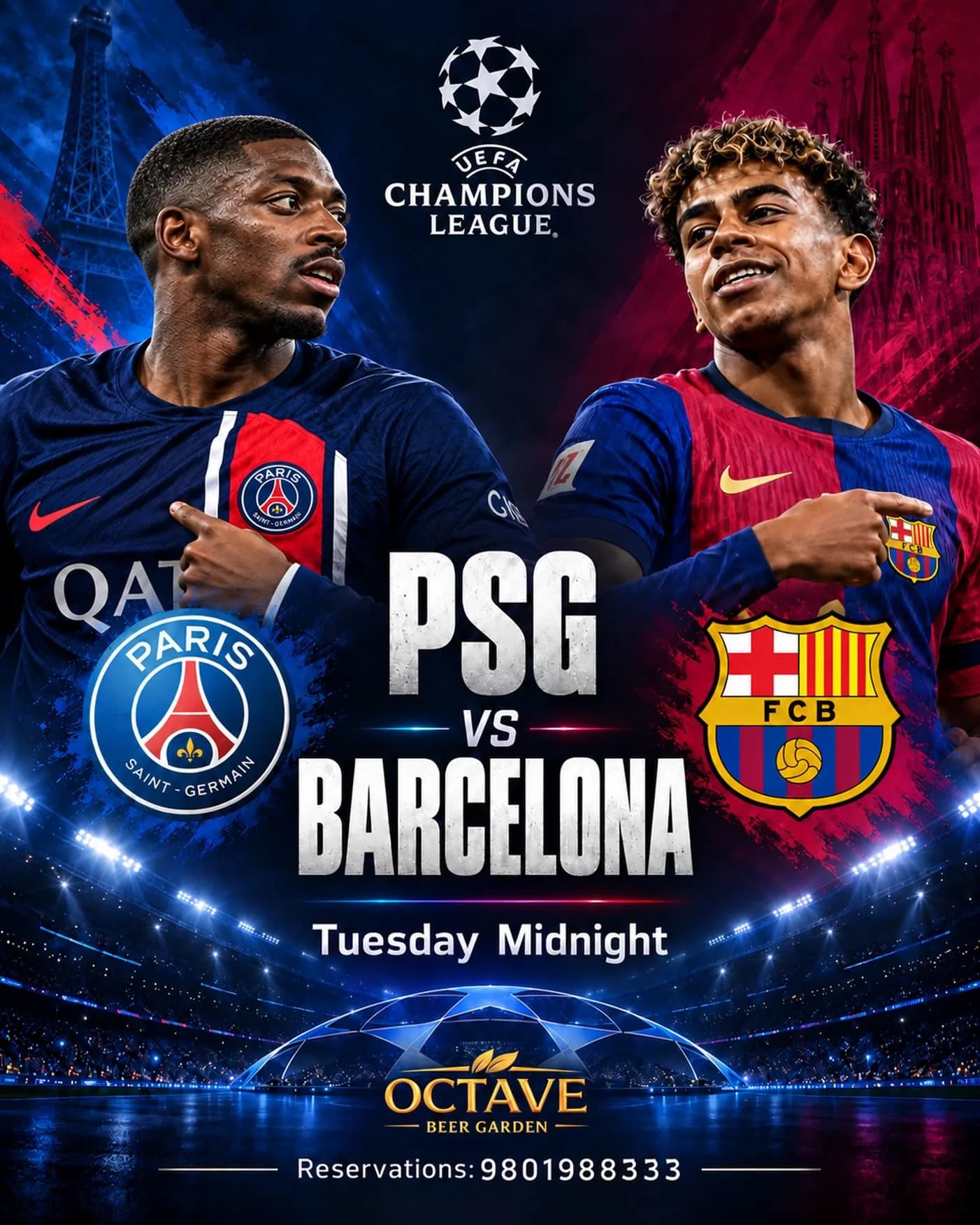 PSG vs Barcelona: Champions League Screening at Octave Beer Garden poster