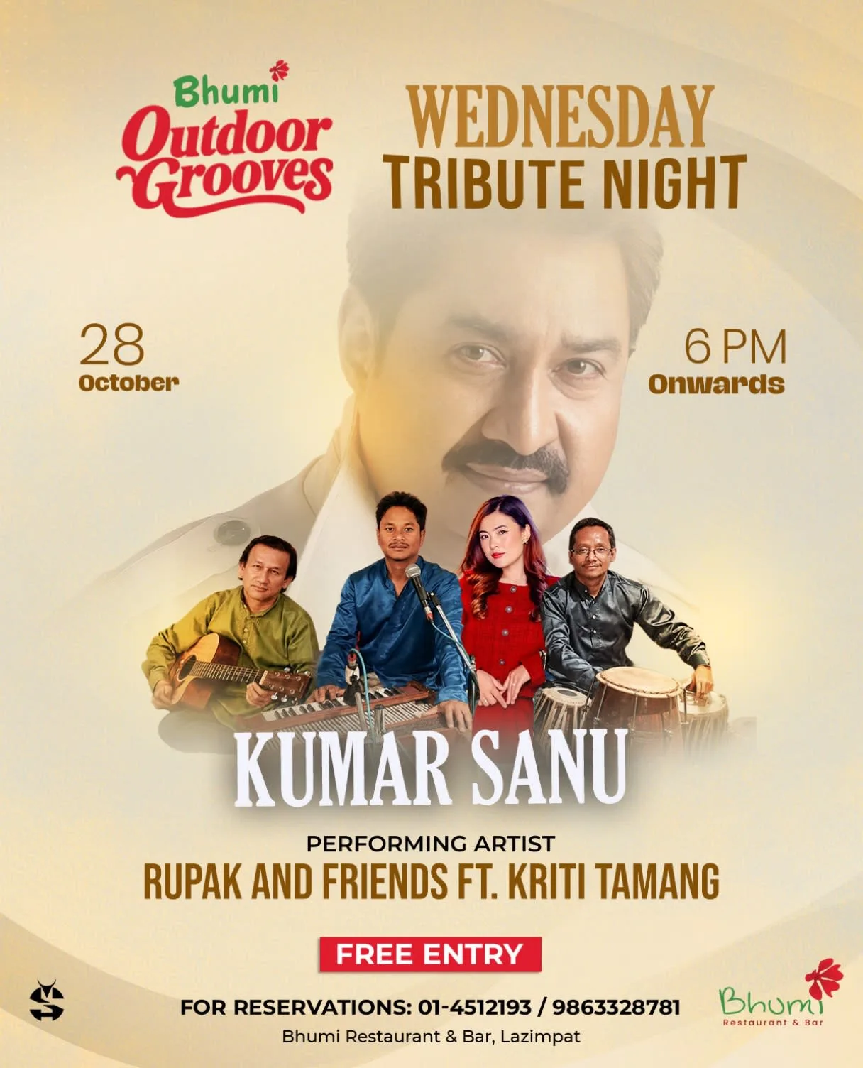 Wednesday Tribute Night: Kumar Sanu Songs by Rupak and Friends ft. Kriti Tamang at Bhumi poster