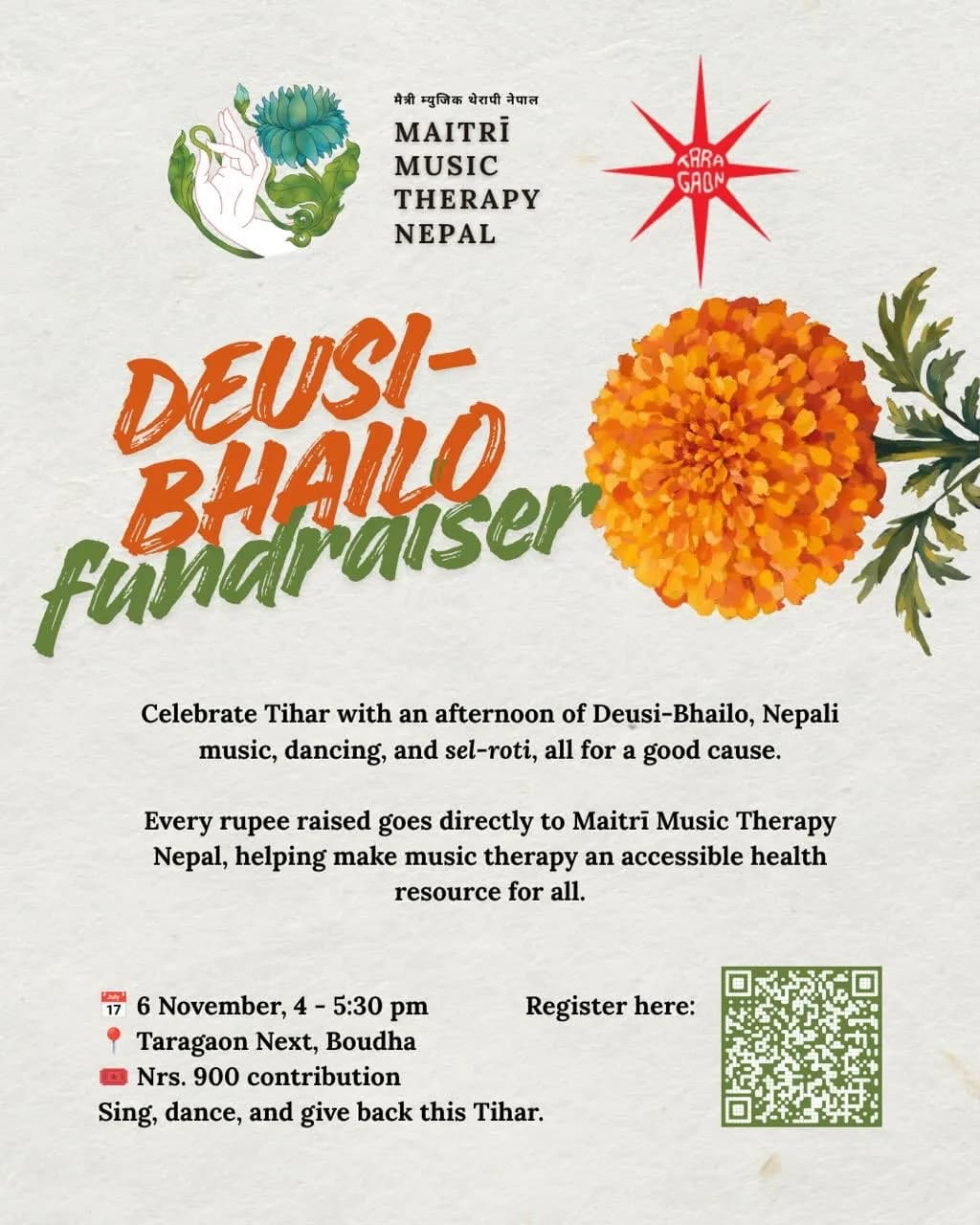 Deusi-Bhailo Fundraiser by Maitri Music Therapy Nepal at Taragaon Next poster